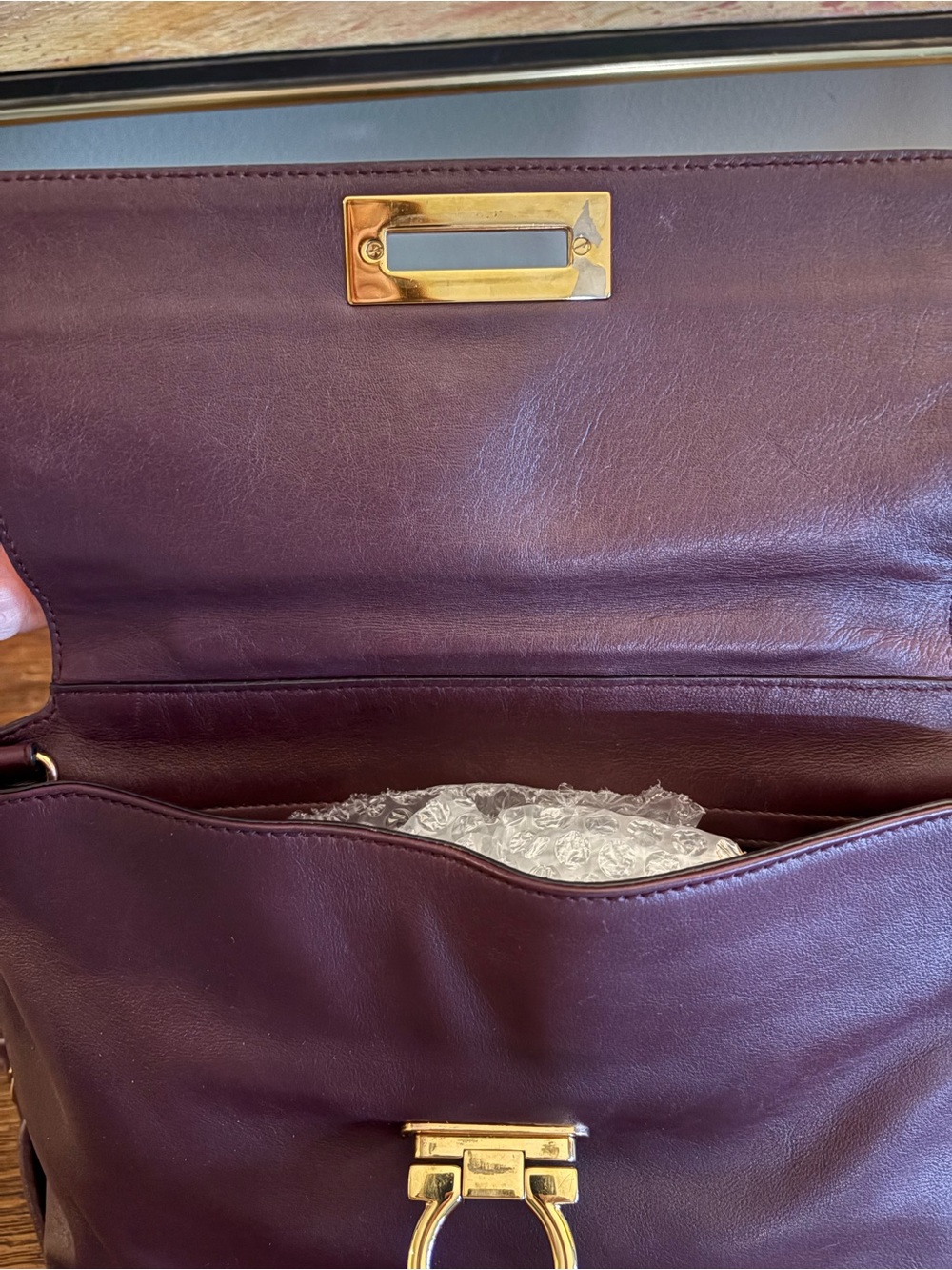 Salvatore Ferragamo Sofia Satchel Crossbody Large Plum Leather Gold- EXCELLENT - Picture 9 of 17